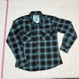Womens Dixxon flannel. Gray black and teal. Size small